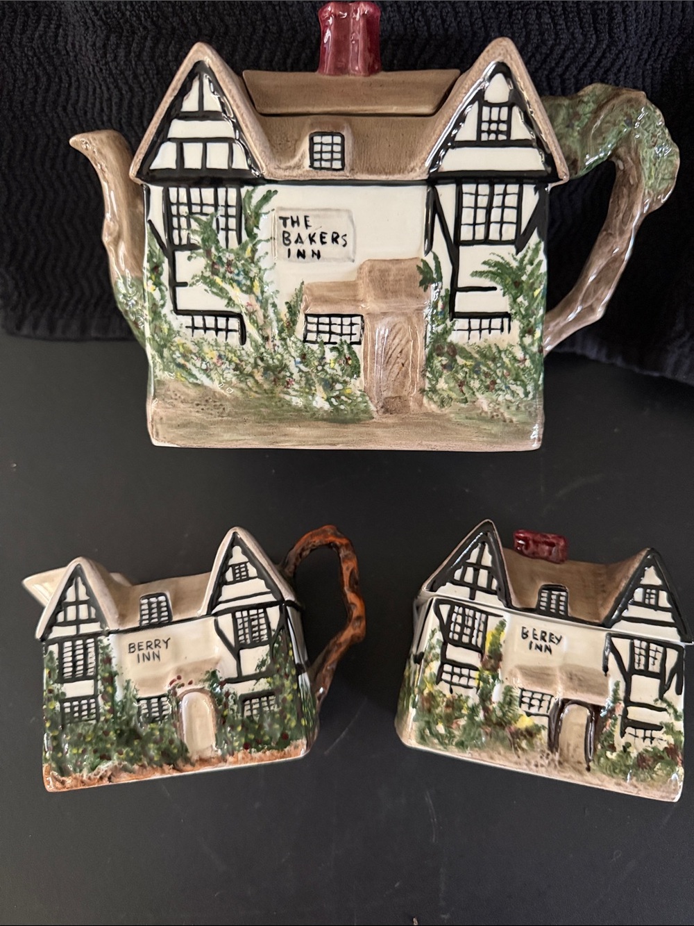 Rare Vintage Staffordshire Hand-Painted Cottage Inn Ceramic Teapot Set